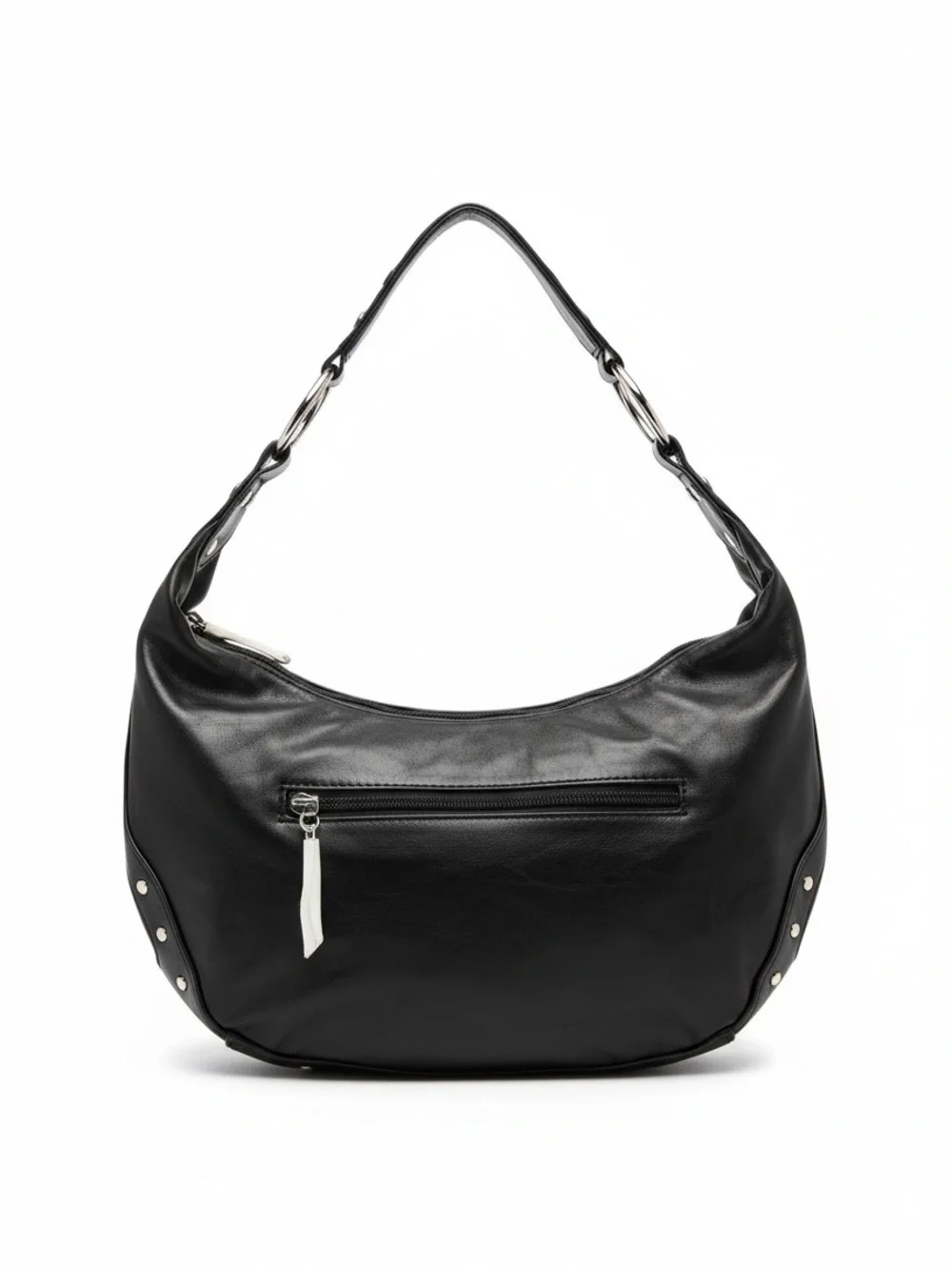 Black Faux Leather Studded Hobo Shoulder Bag